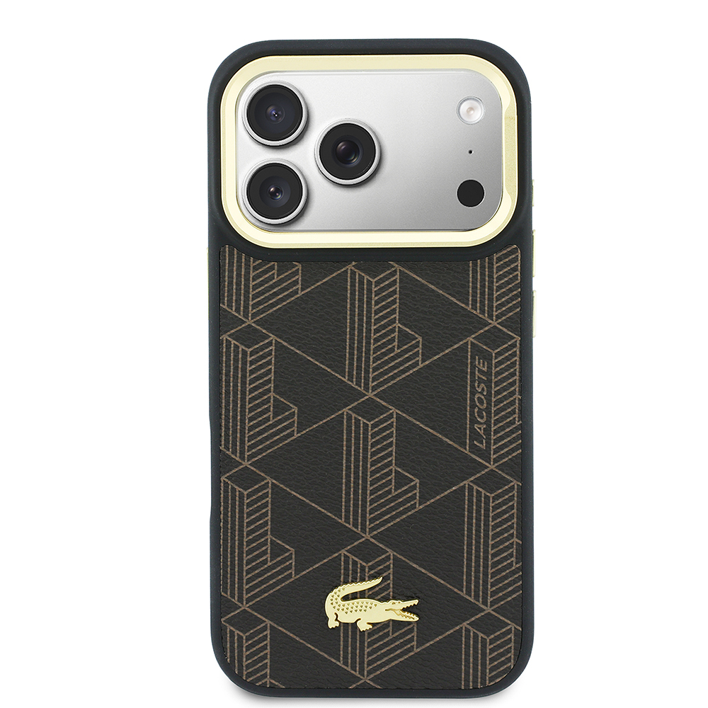 Apple iPhone 17 Pro Uyumlu Kılıf Lacoste Orjinal Lisanslı M-safe Şarj Özellikli Standlı PU Deri Karışık Monogram Desenli Kapak - 2