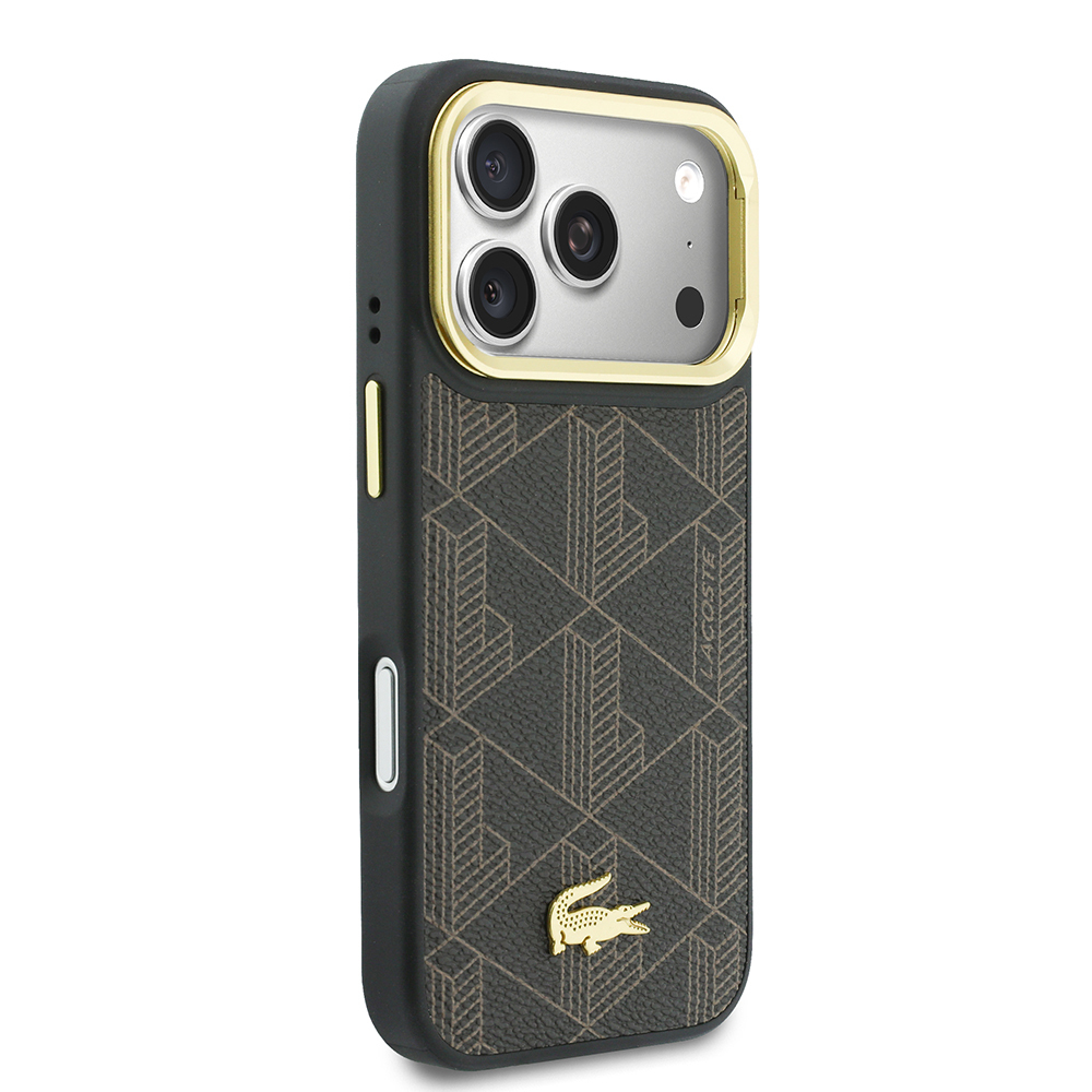 Apple iPhone 17 Pro Uyumlu Kılıf Lacoste Orjinal Lisanslı M-safe Şarj Özellikli Standlı PU Deri Karışık Monogram Desenli Kapak - 3