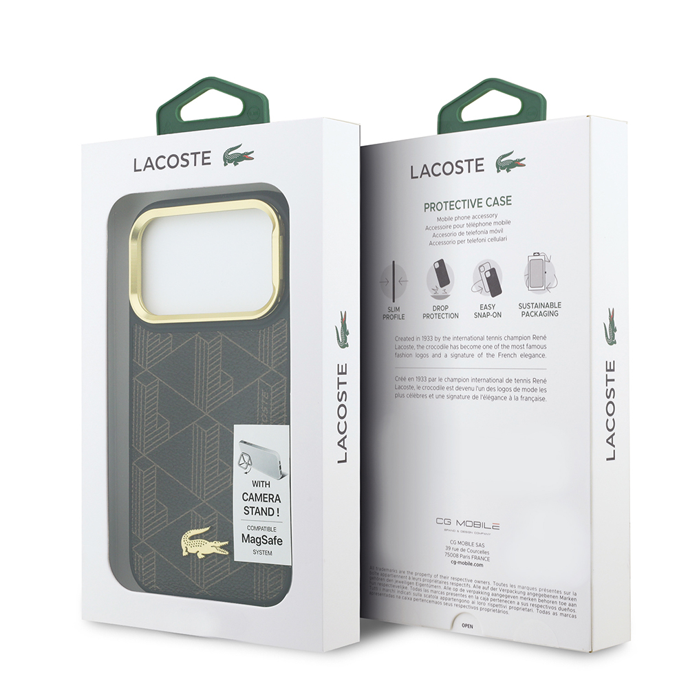 Apple iPhone 17 Pro Uyumlu Kılıf Lacoste Orjinal Lisanslı M-safe Şarj Özellikli Standlı PU Deri Karışık Monogram Desenli Kapak - 7