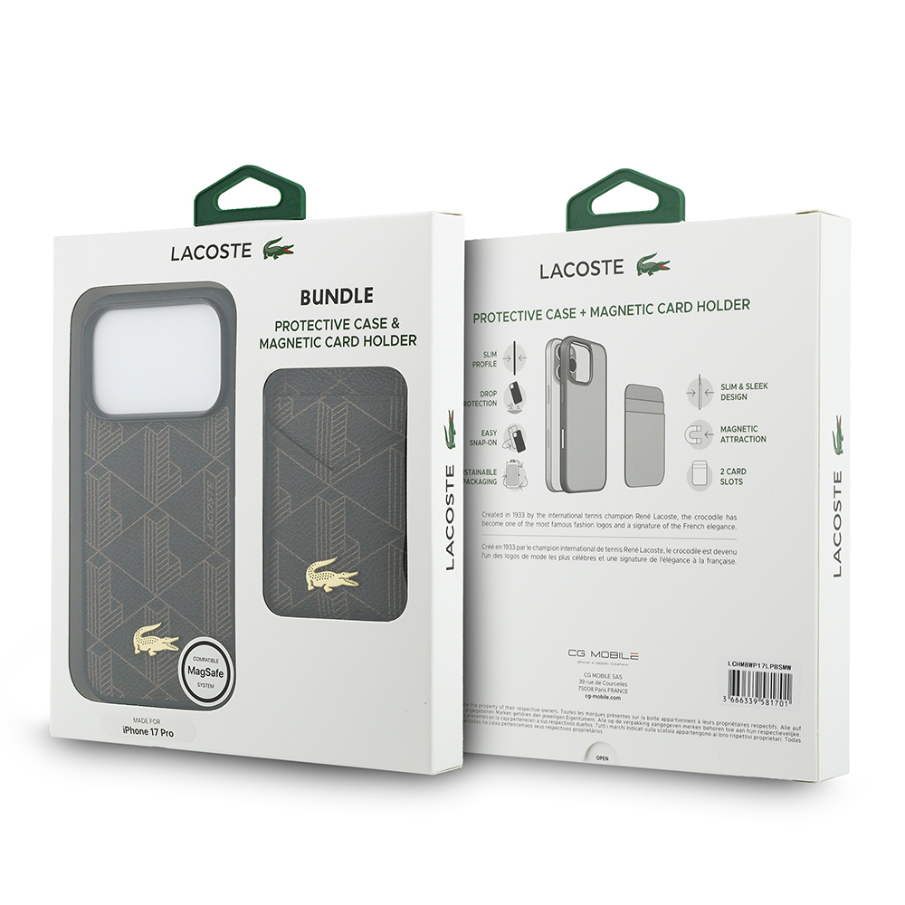 Apple iPhone 17 Pro Max Uyumlu Kılıf Lacoste Orjinal Lisanslı M-safe Şarj Özellikli PU Deri Tasarımlı Kartlıklı Karışık Monogram Desenli Kapak - 9