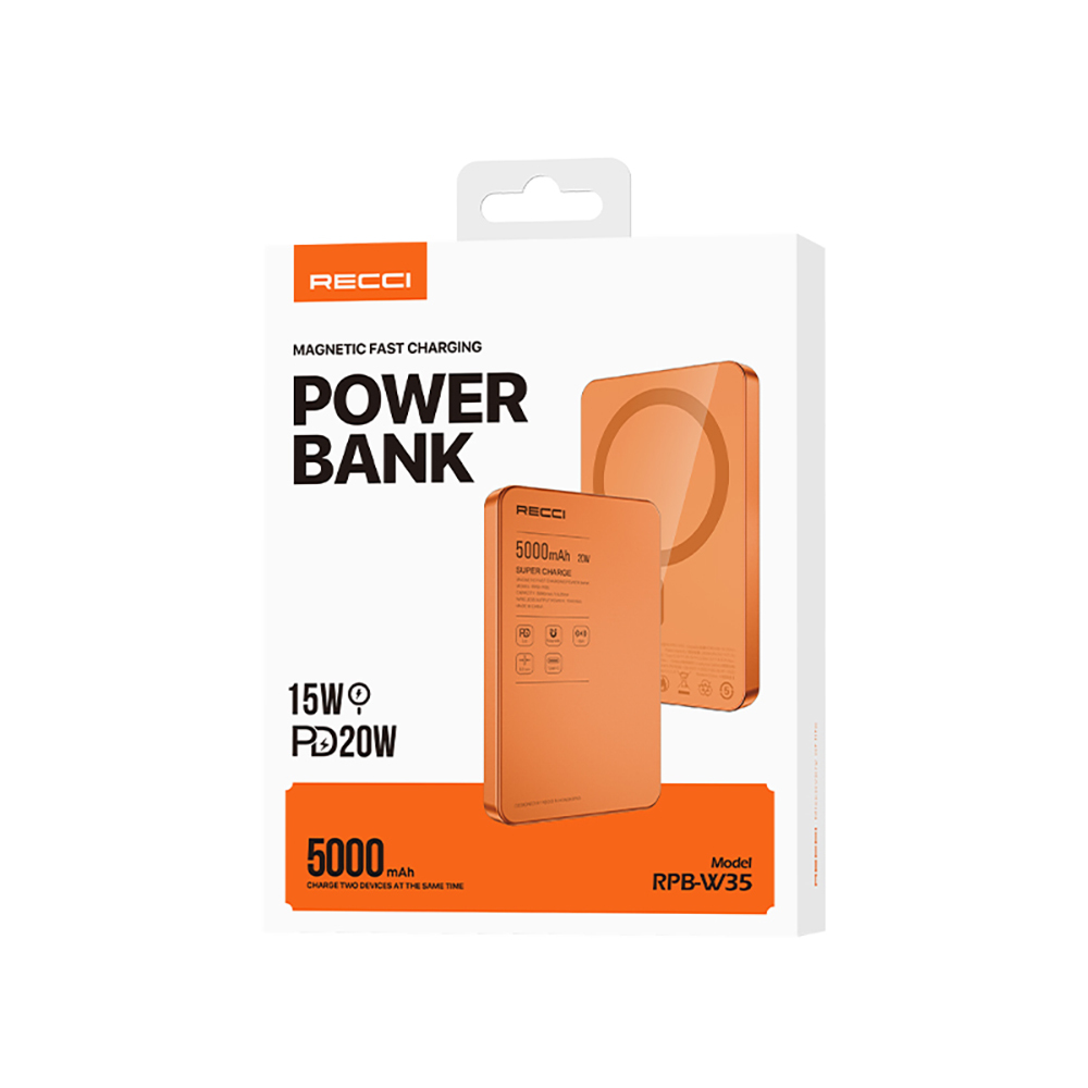 Recci RPB-W35 Ultra İnce PD 20W Hızlı Şarj Özellikli Wireless Powerbank 15W 5000mAh - 5