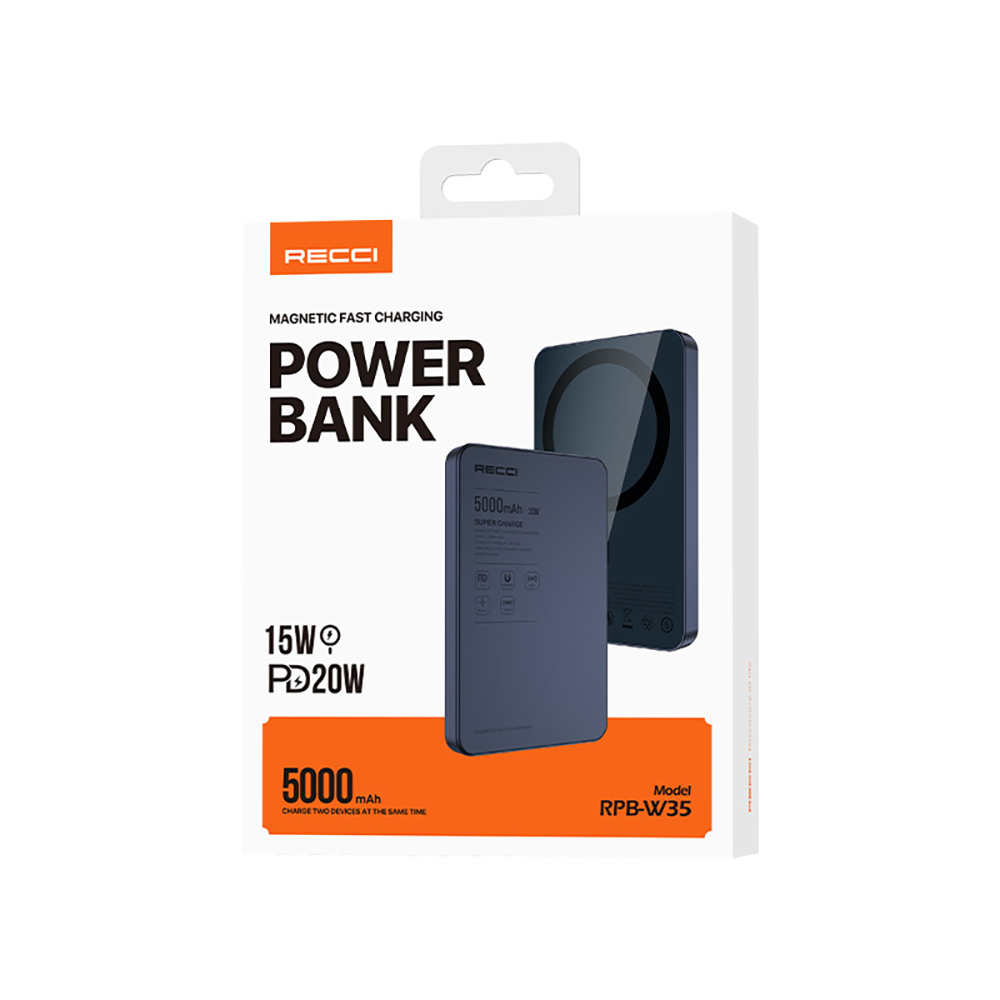 Recci RPB-W35 Ultra İnce PD 20W Hızlı Şarj Özellikli Wireless Powerbank 15W 5000mAh - 5