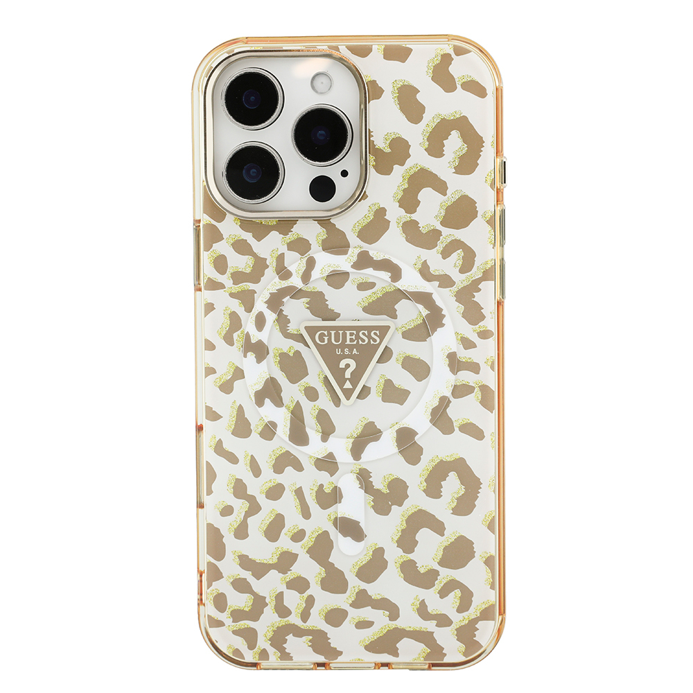 Apple iPhone 16 Pro Max Uyumlu Kılıf Guess Orjinal Lisanslı M-safe Şarj Özellikli Üçgen Logolu Simli Leopar Desenli Kapak - 4