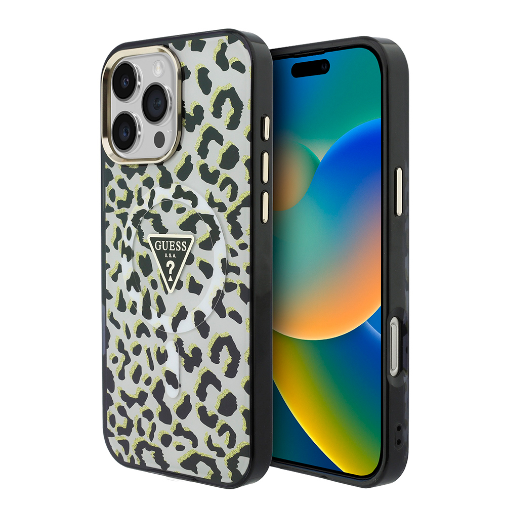 Apple iPhone 16 Pro Max Uyumlu Kılıf Guess Orjinal Lisanslı M-safe Şarj Özellikli Üçgen Logolu Simli Leopar Desenli Kapak - 1