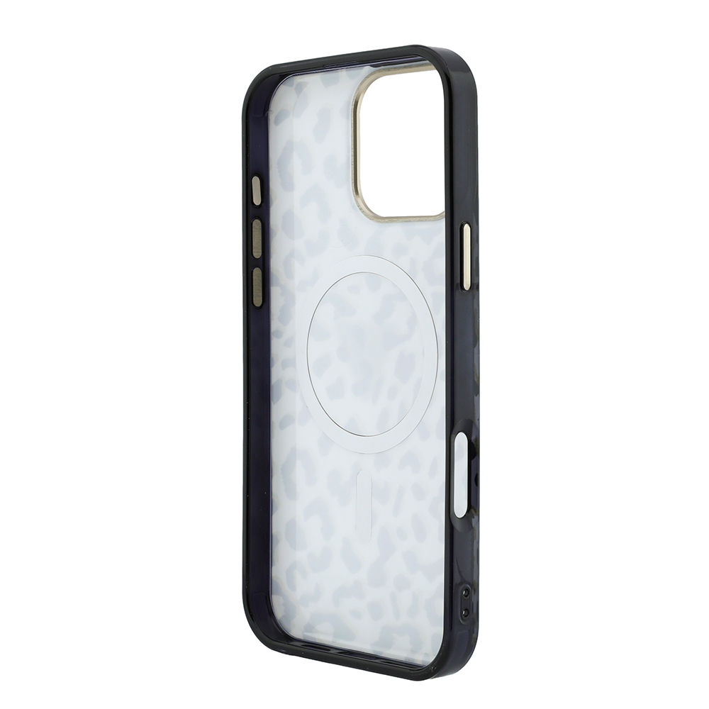 Apple iPhone 16 Pro Max Uyumlu Kılıf Guess Orjinal Lisanslı M-safe Şarj Özellikli Üçgen Logolu Simli Leopar Desenli Kapak - 6