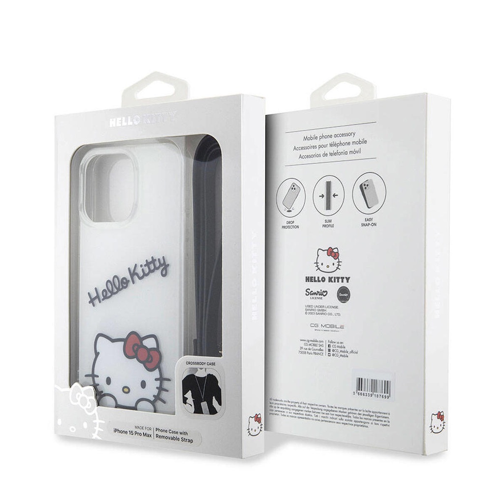 Apple iPhone 15 Pro Max Uyumlu Kılıf Hello Kitty Orjinal Lisanslı Askılı Yazı ve İkonik Logolu Daydreaming Kapak