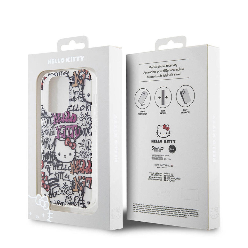 Apple iPhone 15 Pro Max Uyumlu Kılıf Hello Kitty Orjinal Lisanslı İkonik Logolu Etiket Graffiti Kapak
