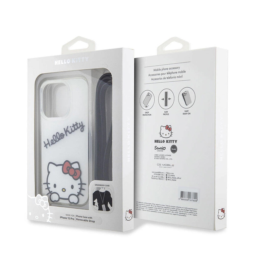 Apple iPhone 15 Pro Uyumlu Kılıf Hello Kitty Orjinal Lisanslı Askılı Yazı ve İkonik Logolu Daydreaming Kapak