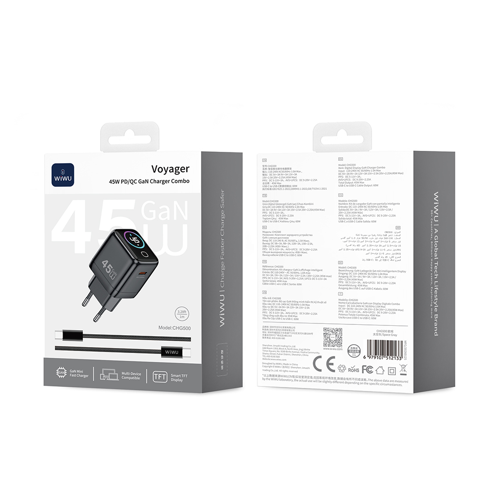 Wiwu CHG500 Voyager Serisi GaN Teknolojili PD/QC TFT Göstergeli Hızlı Şarj Başlığı 45W - 5