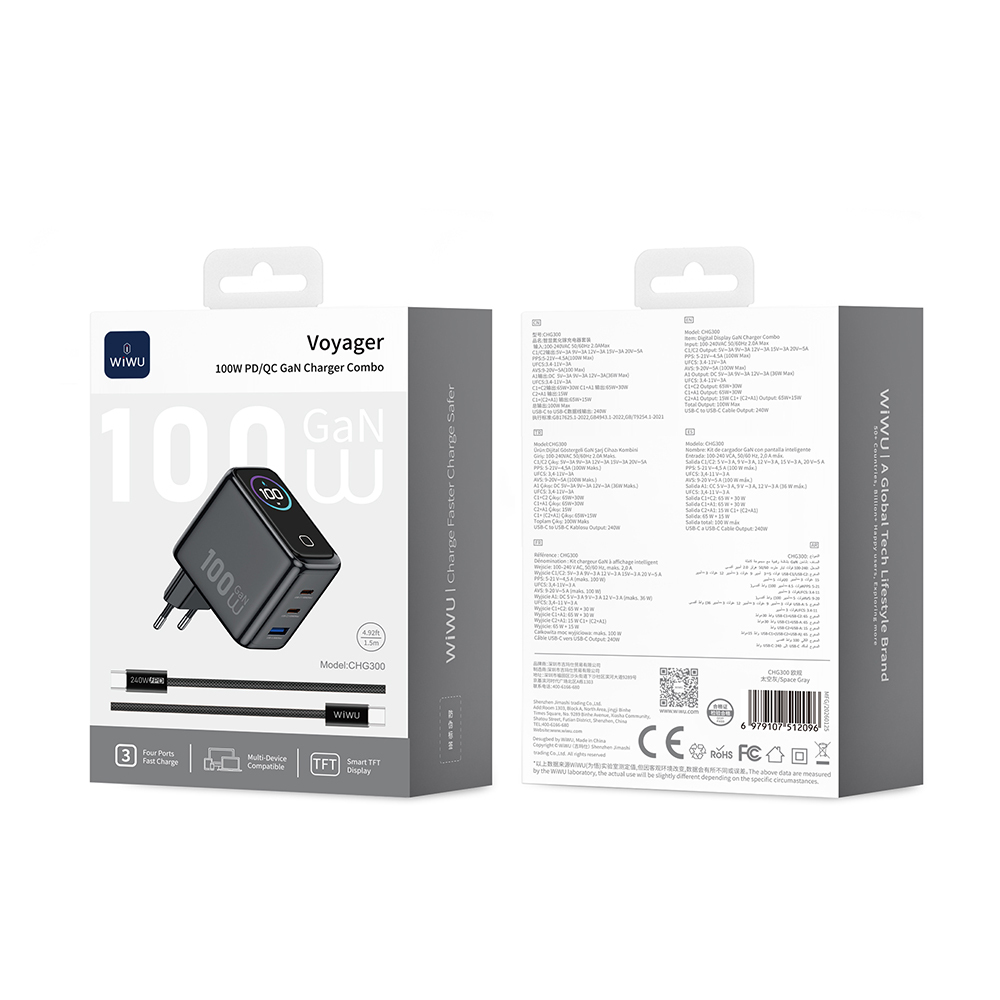 Wiwu CHG300 Voyager Serisi GaN Teknolojili PD/QC TFT Göstergeli Hızlı Şarj Başlığı 100W - 5