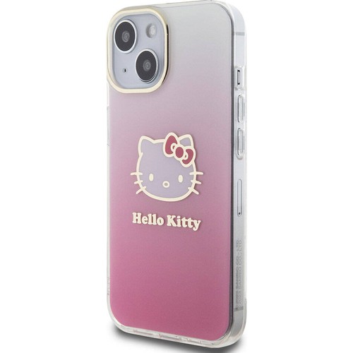 Apple iPhone 15 Uyumlu Kılıf Hello Kitty Orjinal Lisanslı Yazı ve İkonik Logolu Elektroplating Kaplama Gradyan Kapak