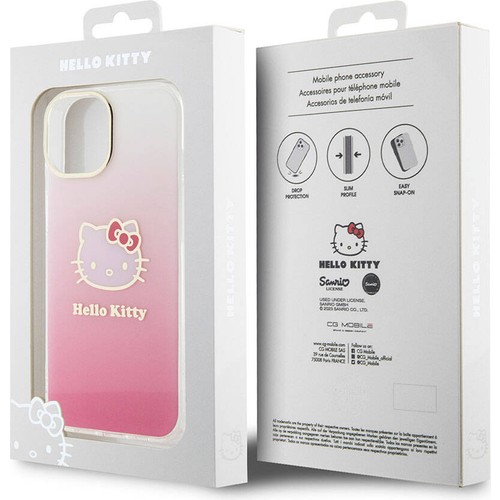 Apple iPhone 15 Uyumlu Kılıf Hello Kitty Orjinal Lisanslı Yazı ve İkonik Logolu Elektroplating Kaplama Gradyan Kapak