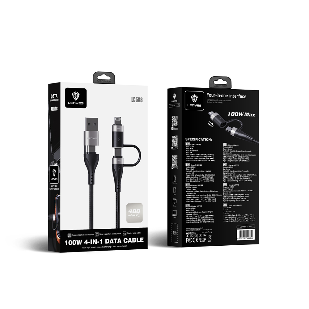 Lenyes LC568 4in1 USB-A - Type-C + Type-C to Lightning Data ve Şarj Kablosu 100W 1M - 5