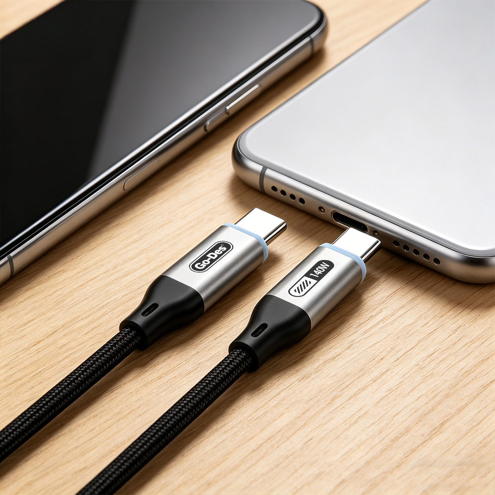 Go Des GD-UC685 Type-C to Type-C Örgü Tasarımlı Hızlı Şarj Özellikli Data ve Şarj Kablosu 140W 1.8M - 1