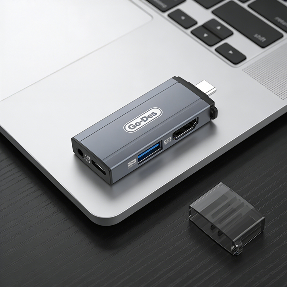 Go Des GD-CT085 Type-C Bağlantılı 4in1 HDTV Ses ve Video Adaptörü USB3.0/Hdmi/3.5mm/4K Ultra HD 60hz - 1