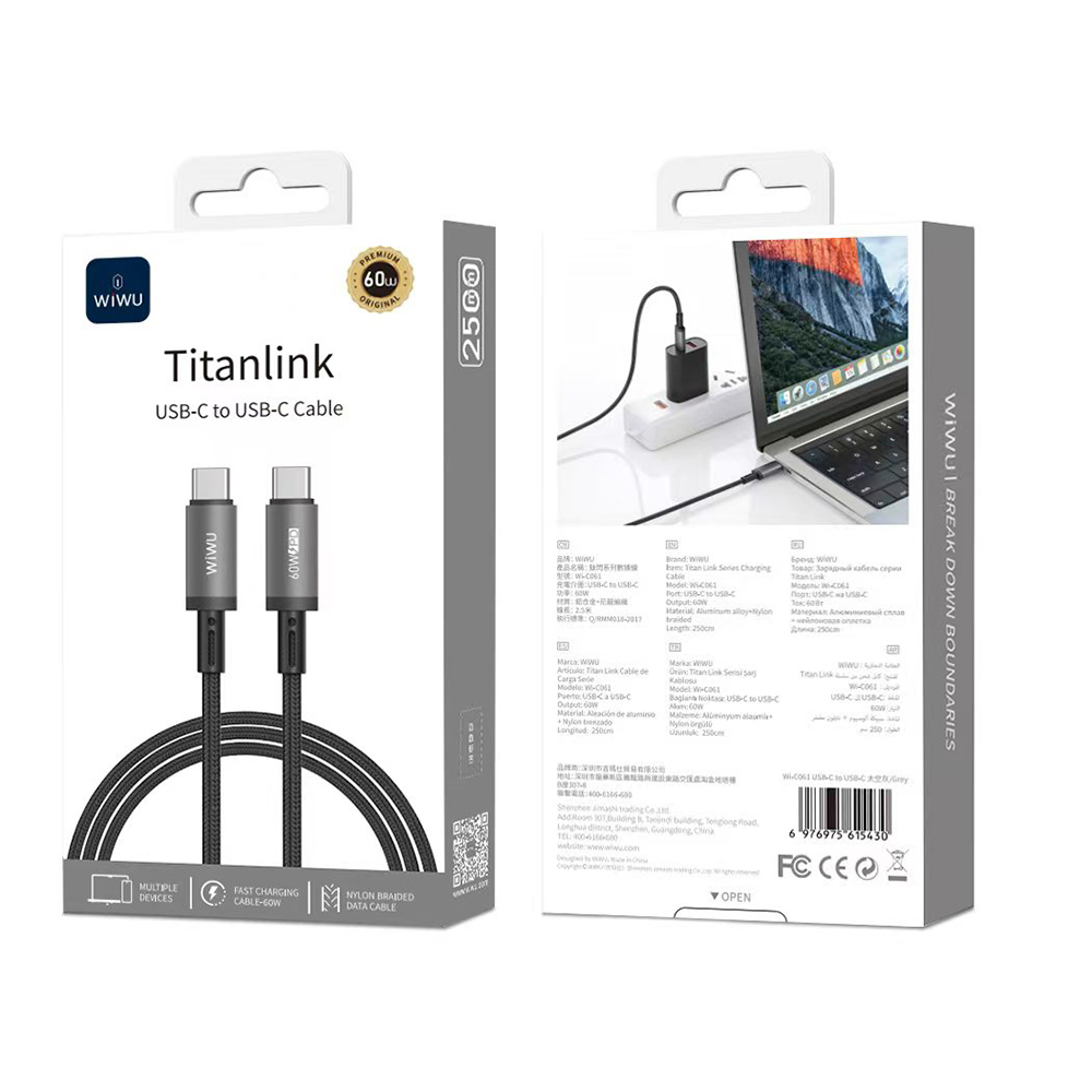 Wiwu Wi-C061 Titanlink Serisi Type-C to Type-C Hızlı Şarj Özellikli PD Data ve Şarj Kablosu 60W 2.5M - 2