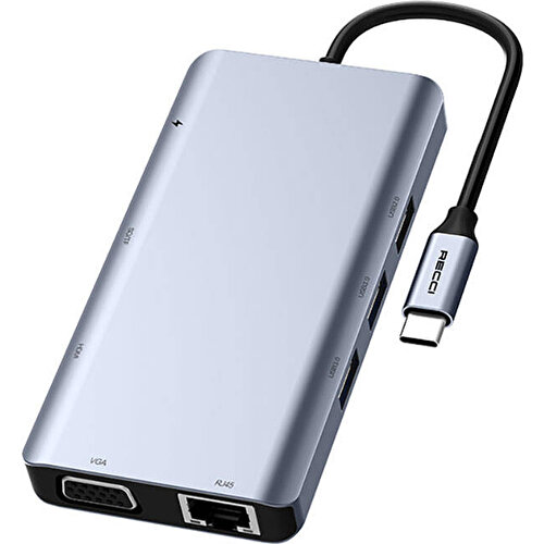 Recci RH09 Type-C to Type-C + SD/TF + USB3.0 + USB2.0 + HDMI + VGA + RJ45 Bağlantılı 9in1 Hub