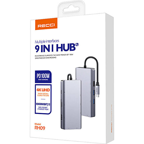 Recci RH09 Type-C to Type-C + SD/TF + USB3.0 + USB2.0 + HDMI + VGA + RJ45 Bağlantılı 9in1 Hub