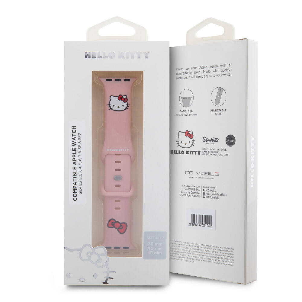 Apple Watch 41mm Uyumlu Hello Kitty Orjinal Lisanslı Yazı Logolu Fiyonk & Kitty Head Silikon Kordon - 7