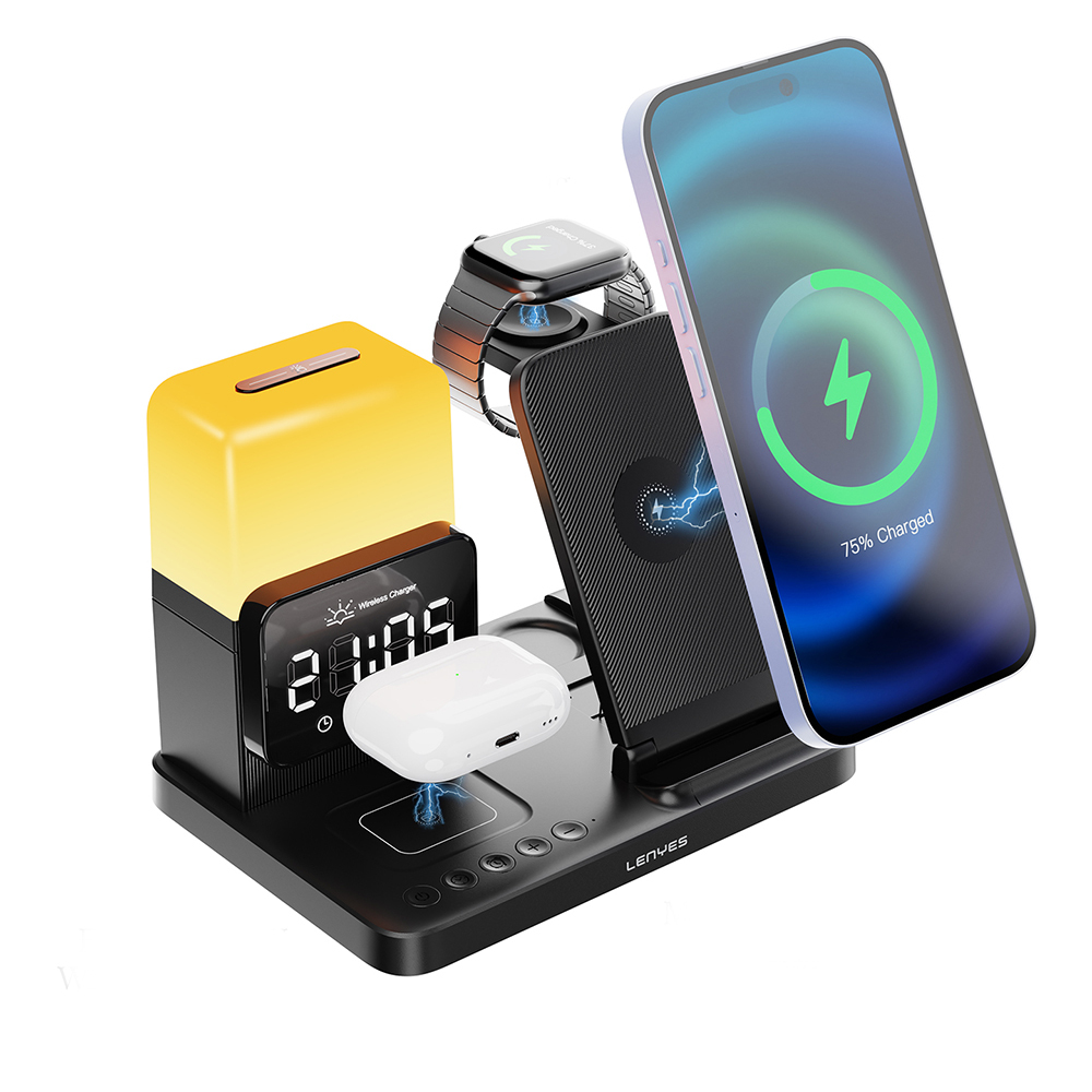 Lenyes PW327 Ambiyans Işıklı Alarm Özellikli Telefon&Akıllı Saat&Kulaklık 5in1 Kablosuz Şarj Standı 15W - 3