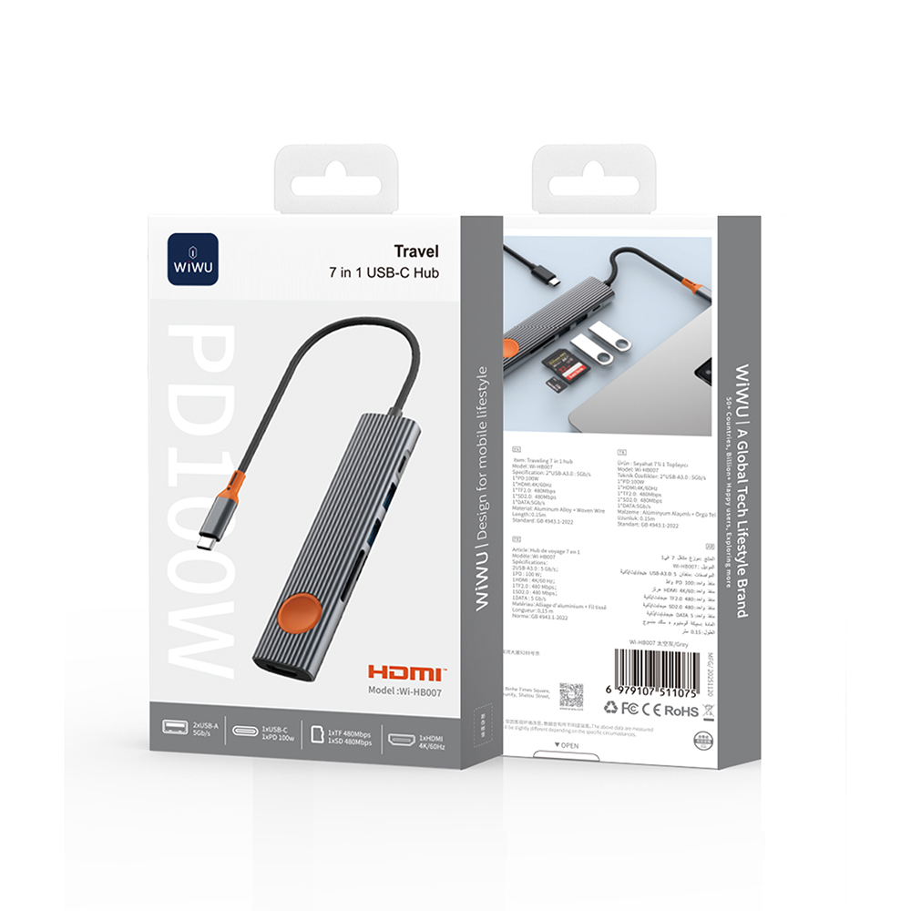 Wiwu Wi-HB8007 Travel Serisi 7in1 HDMI (4K@60Hz) Girişli 100W PD Type-C Hub Bağlantı İstasyonu - 5