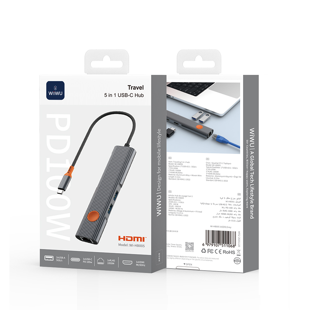 Wiwu Wi-HB005 Travel Serisi 5in1 HDMI (4K@60Hz) Girişli + RJ45 + 100W PD Type-C Hub Bağlantı İstasyonu - 5