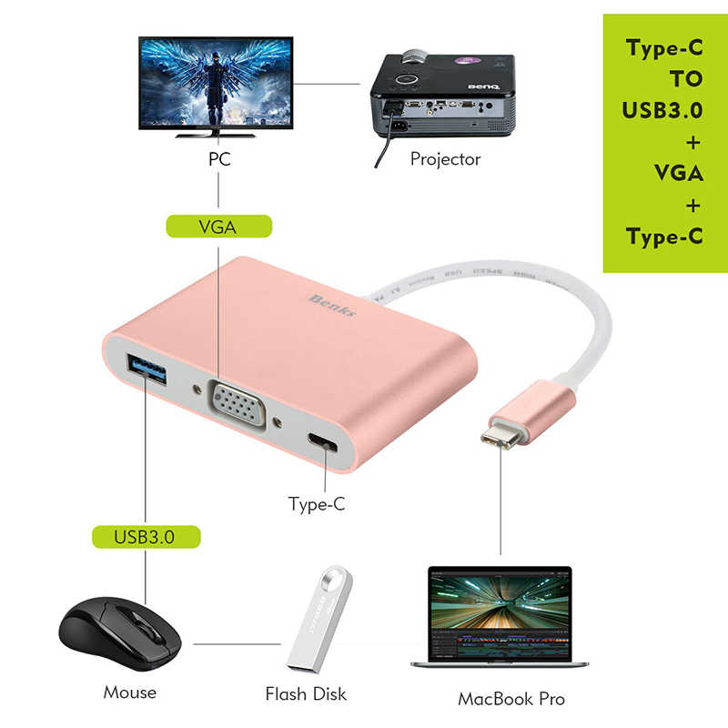 Benks U20 Type-C to 3 in 1 Adaptör (Usb 3.0+VGA+Type-C) - 4