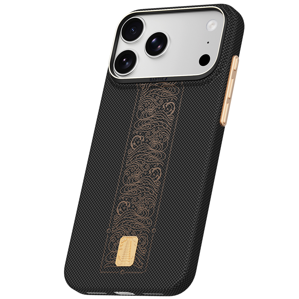 Apple iPhone 18 Pro Kılıf M-safe Şarj Özellikli Raptic Aramid Skin Rise Serisi 24 Ayar Altın Kaplamalı Karbon Kapak - 1