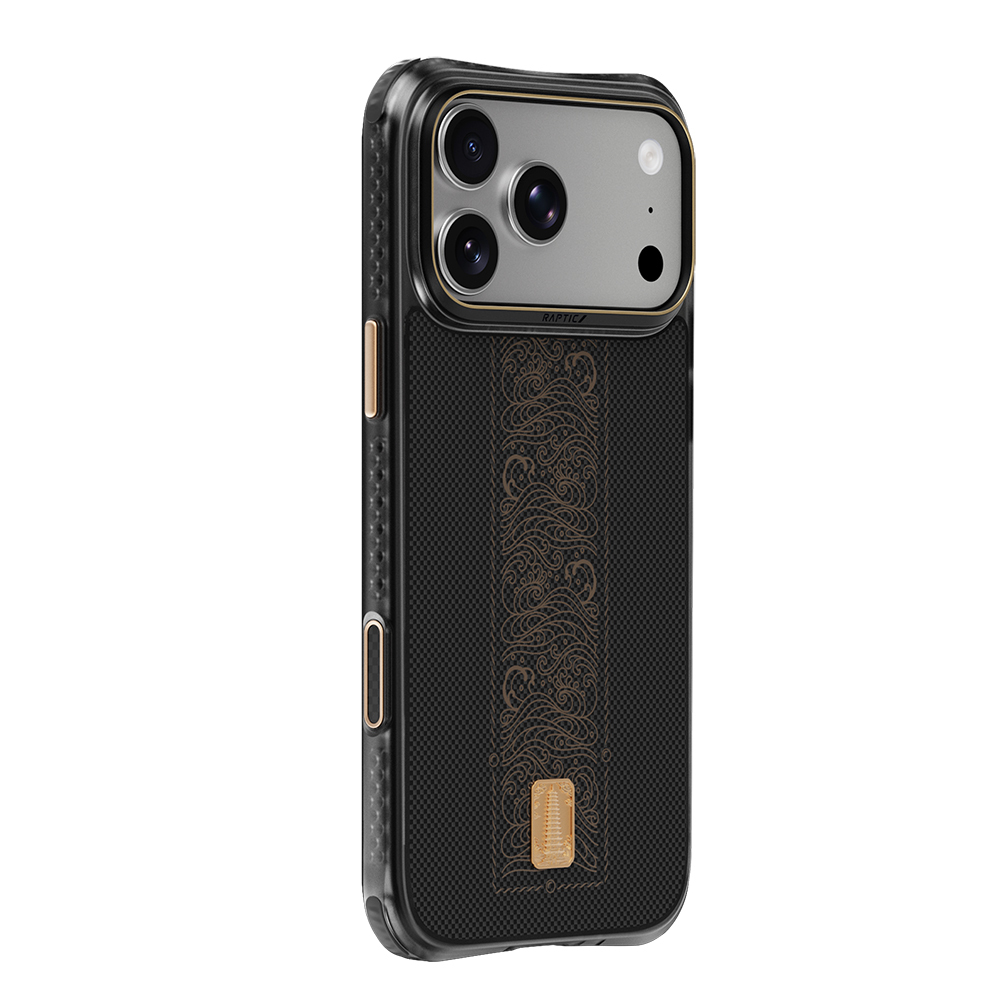 Apple iPhone 18 Pro Kılıf M-safe Şarj Özellikli Raptic Aramid Dual Rise Serisi 24 Ayar Altın Kaplamalı Karbon Kapak - 1