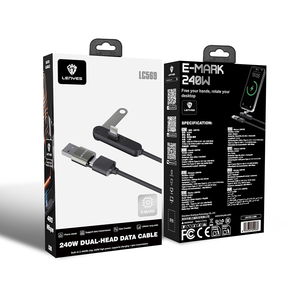 Lenyes LC569 2in1 USB-A - Type-C + Type-C Standlı Data ve Şarj Kablosu 240W 1.2M - 6