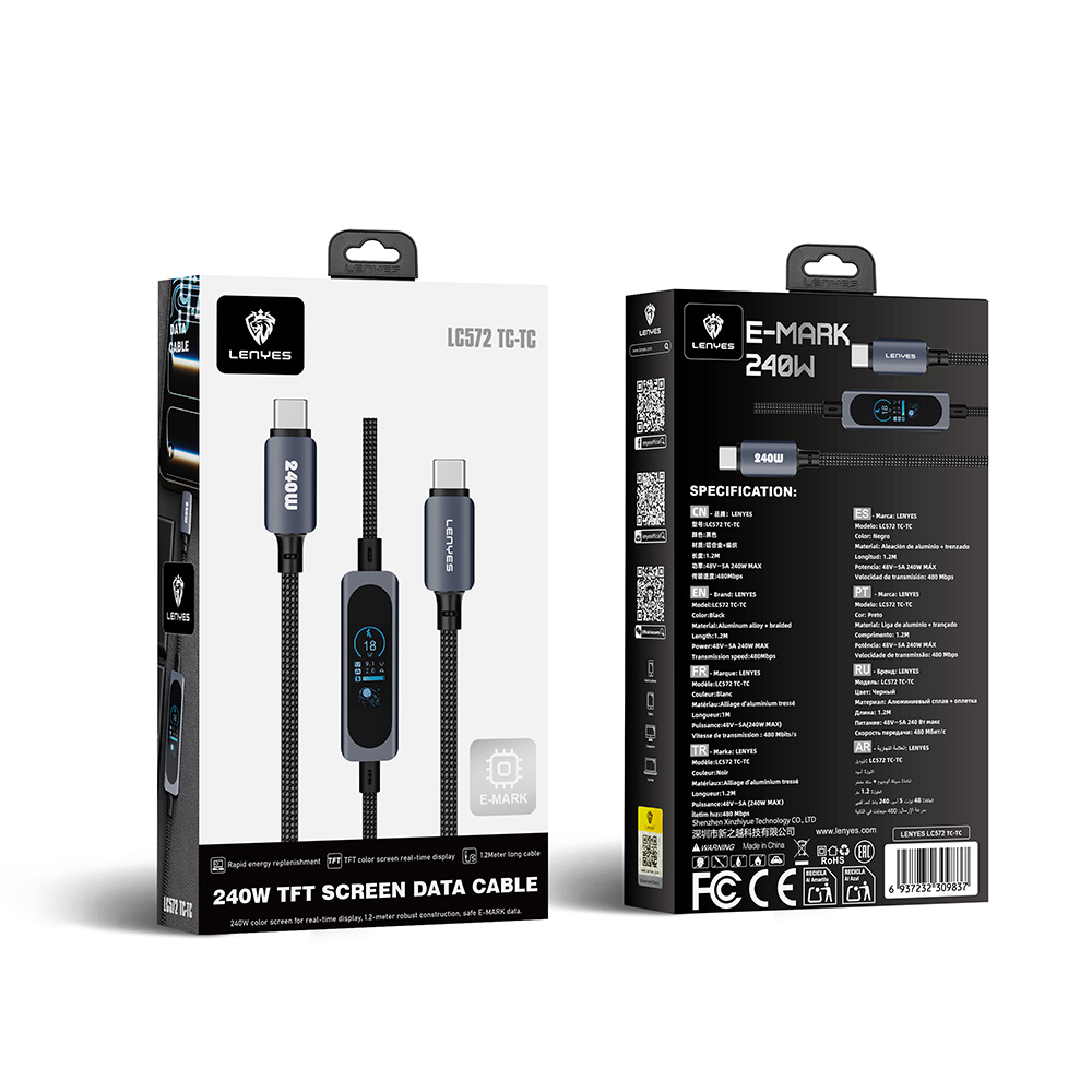 Lenyes LC572 TFT Ekranlı Type-C to Type-C Data ve Şarj Kablosu 240W 1.2M - 5