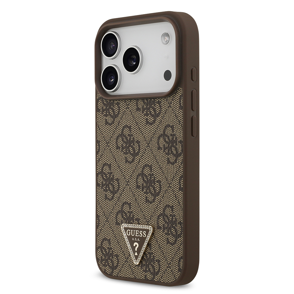 Apple iPhone 18 Pro Kılıf Guess Orjinal Lisanslı M-safe Şarj Özllikli PU Deri Taşlı Üçgen Logo 4G Desenli Strass Kapak - 1
