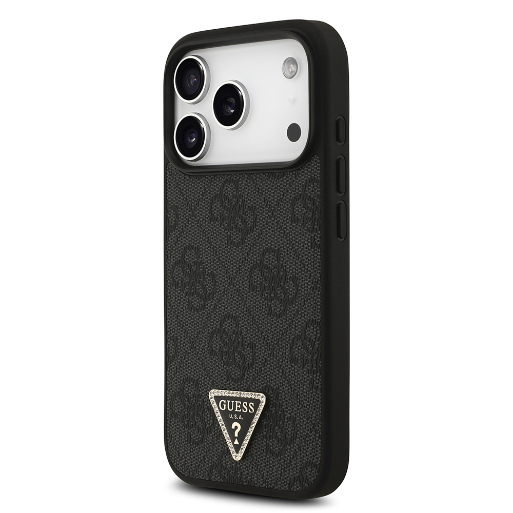 Apple iPhone 18 Pro Kılıf Guess Orjinal Lisanslı M-safe Şarj Özllikli PU Deri Taşlı Üçgen Logo 4G Desenli Strass Kapak - 1