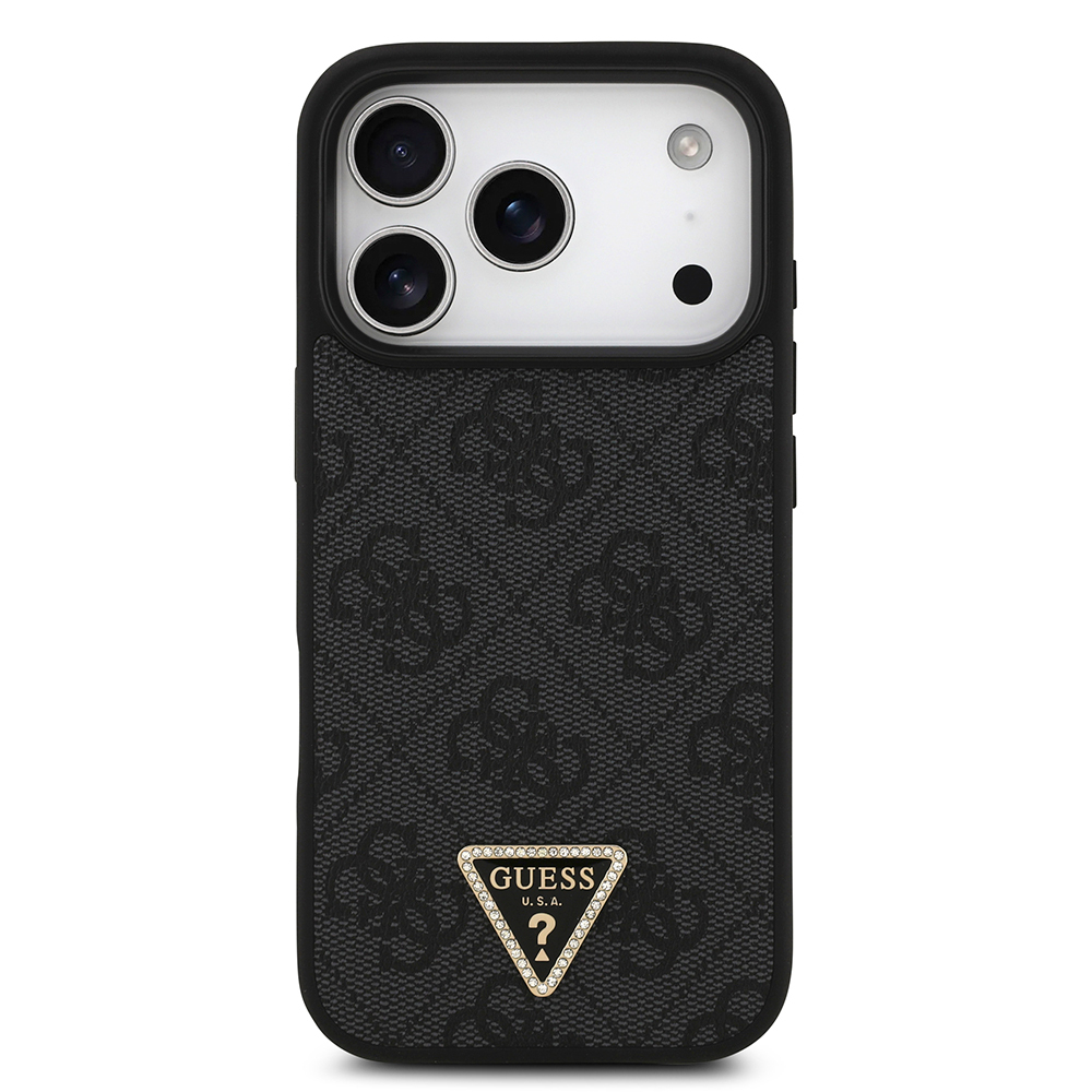 Apple iPhone 18 Pro Kılıf Guess Orjinal Lisanslı M-safe Şarj Özllikli PU Deri Taşlı Üçgen Logo 4G Desenli Strass Kapak - 2