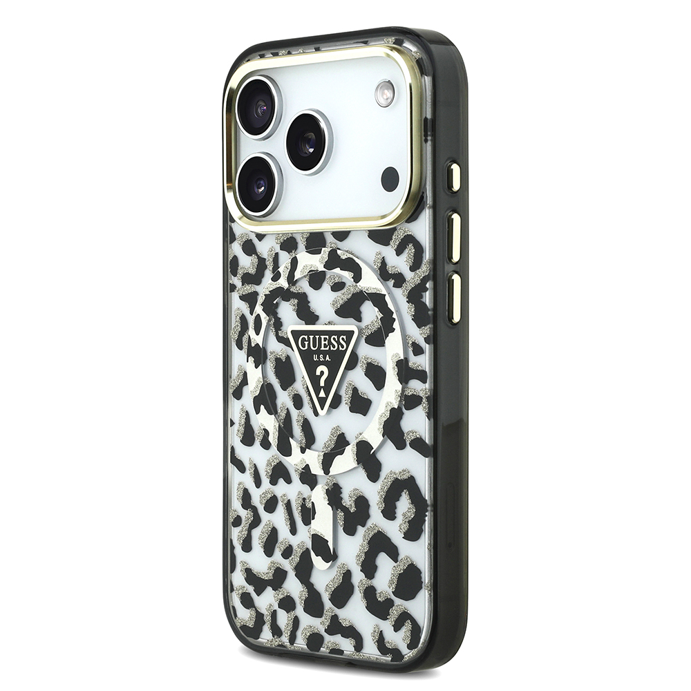 Apple iPhone 18 Pro Kılıf Guess Orjinal Lisanslı M-safe Şarj Özellikli Üçgen Logolu Simli Leopar Desenli Kapak - 1