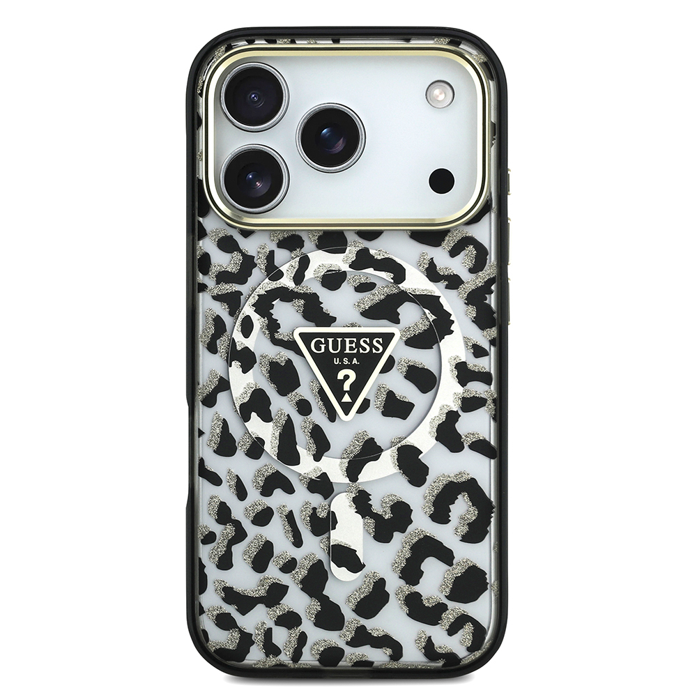 Apple iPhone 18 Pro Kılıf Guess Orjinal Lisanslı M-safe Şarj Özellikli Üçgen Logolu Simli Leopar Desenli Kapak - 2