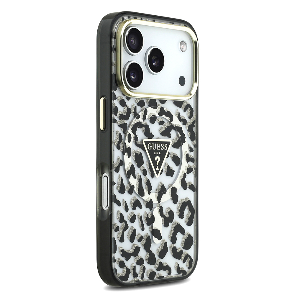 Apple iPhone 18 Pro Kılıf Guess Orjinal Lisanslı M-safe Şarj Özellikli Üçgen Logolu Simli Leopar Desenli Kapak - 3