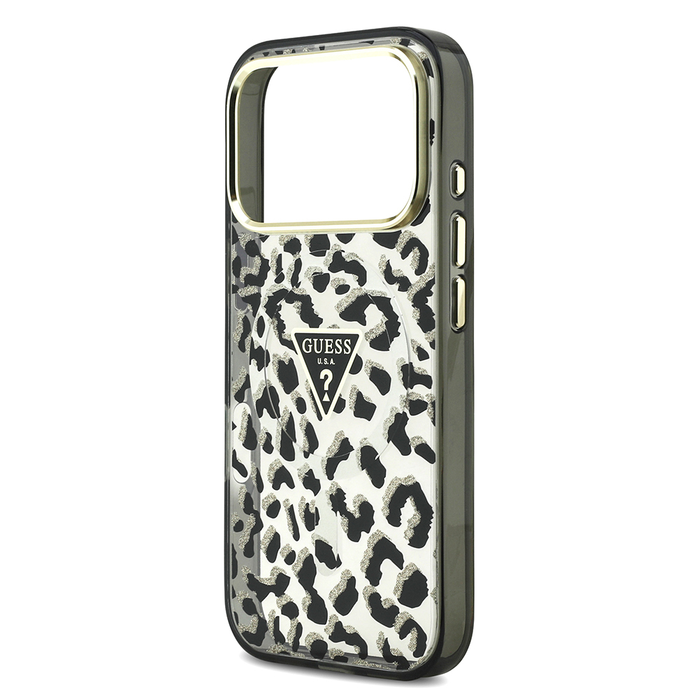 Apple iPhone 18 Pro Kılıf Guess Orjinal Lisanslı M-safe Şarj Özellikli Üçgen Logolu Simli Leopar Desenli Kapak - 5