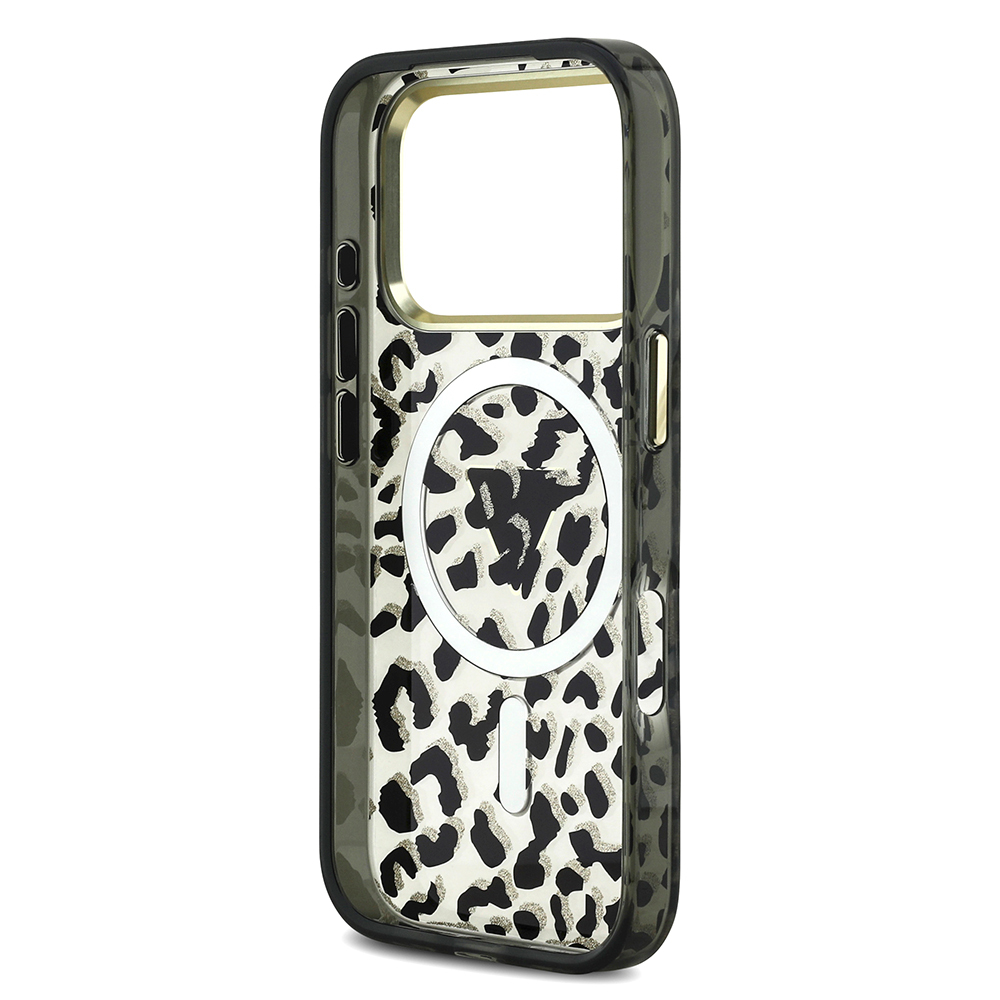 Apple iPhone 18 Pro Kılıf Guess Orjinal Lisanslı M-safe Şarj Özellikli Üçgen Logolu Simli Leopar Desenli Kapak - 6