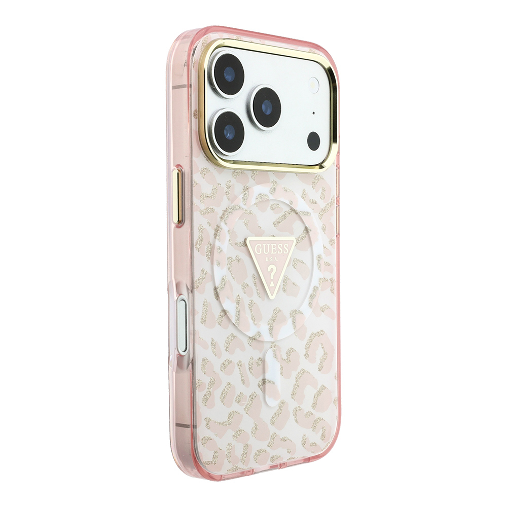 Apple iPhone 18 Pro Kılıf Guess Orjinal Lisanslı M-safe Şarj Özellikli Üçgen Logolu Simli Leopar Desenli Kapak - 3