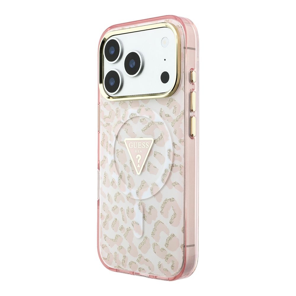 Apple iPhone 18 Pro Max Kılıf Guess Orjinal Lisanslı M-safe Şarj Özellikli Üçgen Logolu Simli Leopar Desenli Kapak - 1