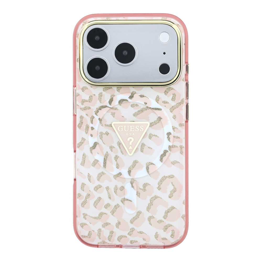 Apple iPhone 18 Pro Max Kılıf Guess Orjinal Lisanslı M-safe Şarj Özellikli Üçgen Logolu Simli Leopar Desenli Kapak - 2