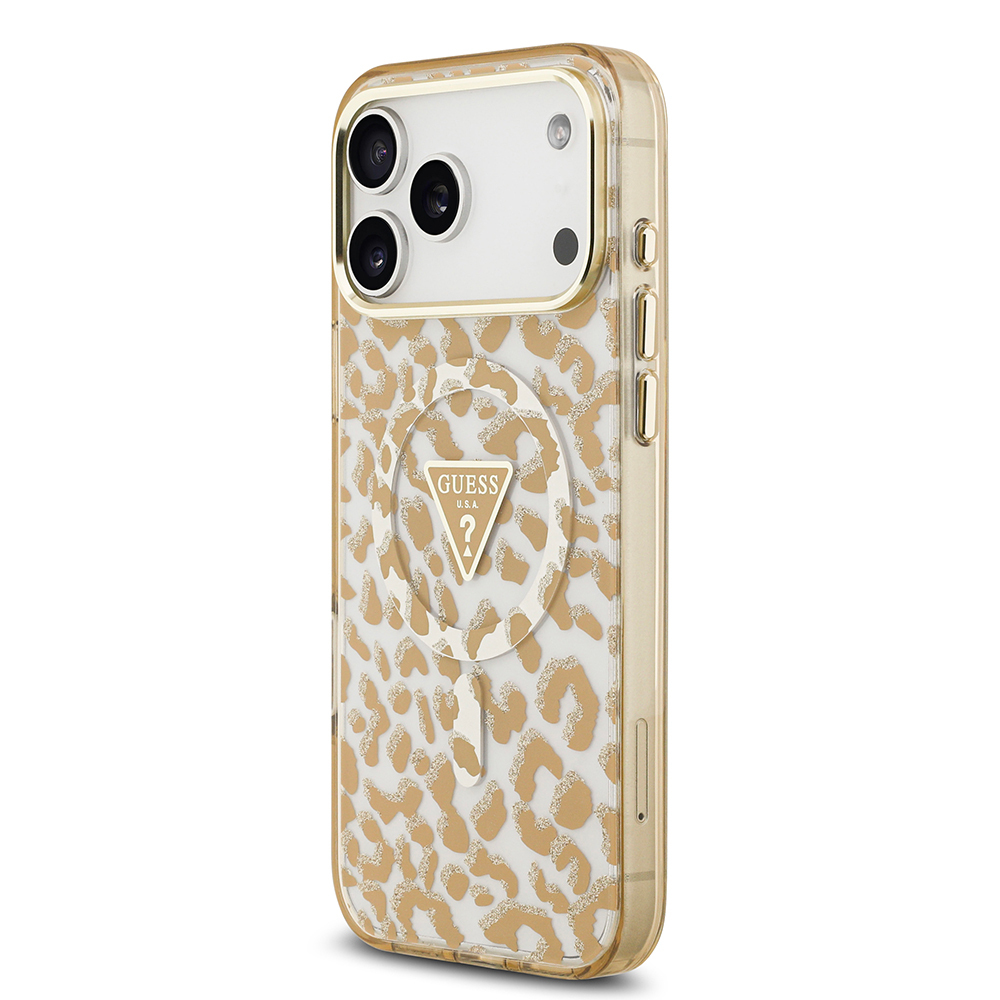 Apple iPhone 18 Pro Max Kılıf Guess Orjinal Lisanslı M-safe Şarj Özellikli Üçgen Logolu Simli Leopar Desenli Kapak - 1