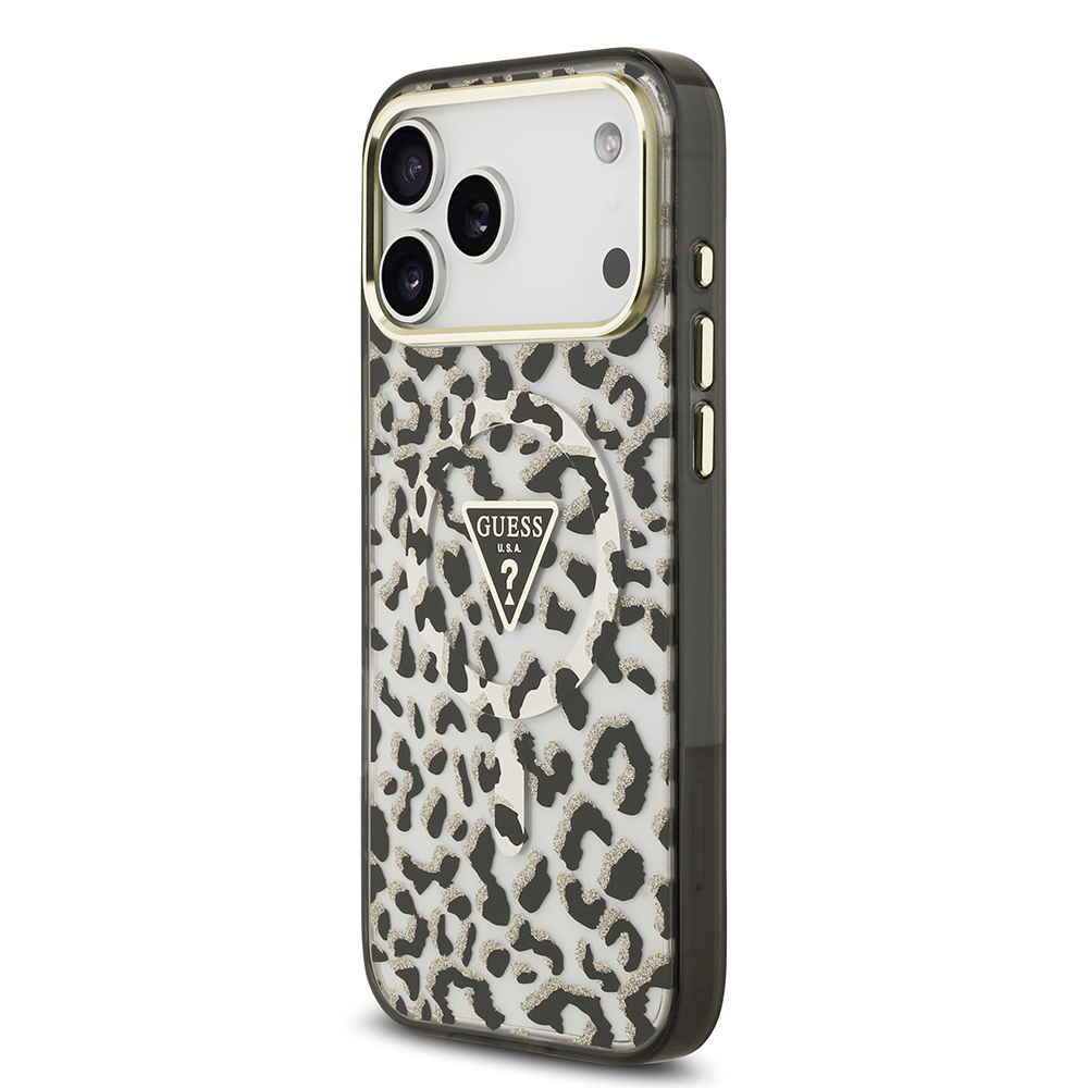 Apple iPhone 18 Pro Max Kılıf Guess Orjinal Lisanslı M-safe Şarj Özellikli Üçgen Logolu Simli Leopar Desenli Kapak - 1