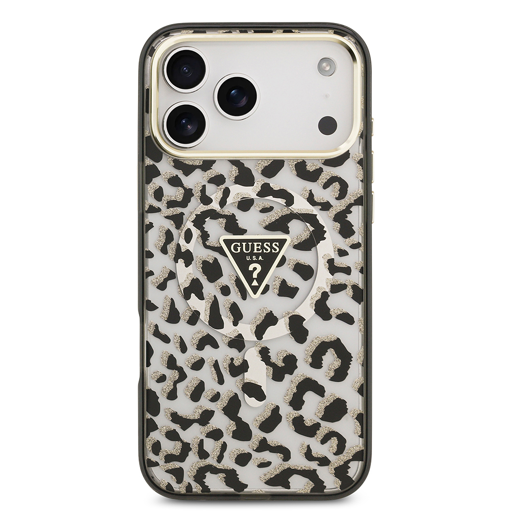 Apple iPhone 18 Pro Max Kılıf Guess Orjinal Lisanslı M-safe Şarj Özellikli Üçgen Logolu Simli Leopar Desenli Kapak - 2