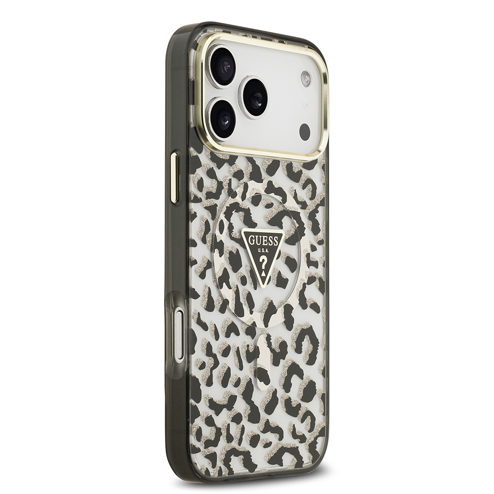 Apple iPhone 18 Pro Max Kılıf Guess Orjinal Lisanslı M-safe Şarj Özellikli Üçgen Logolu Simli Leopar Desenli Kapak - 3