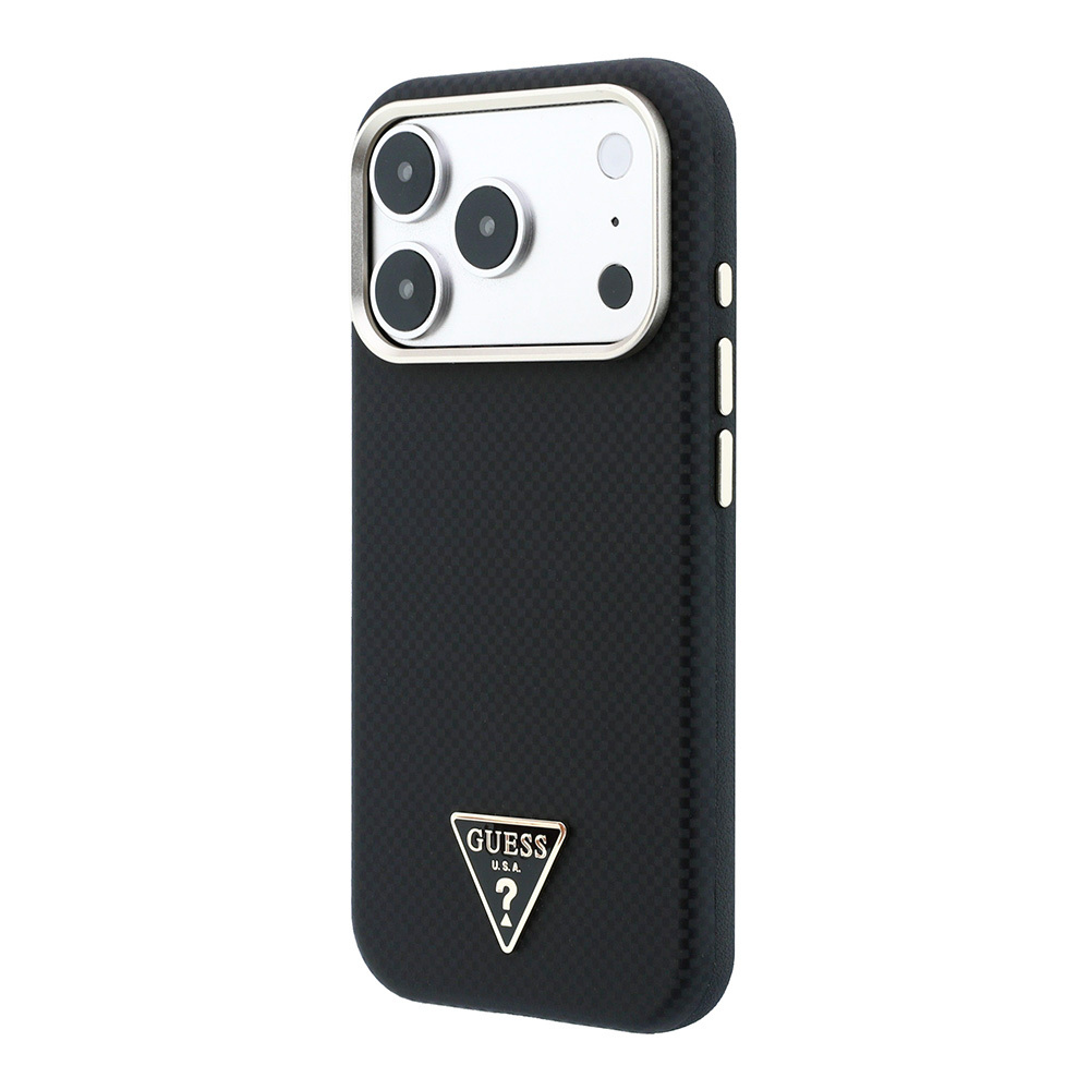 Apple iPhone 18 Pro Kılıf Guess Orjinal Lisanslı M-safe Şarj Özellikli PU Metal Üçgen Logolu Karbon Fiber Kevlar Kapak - 1