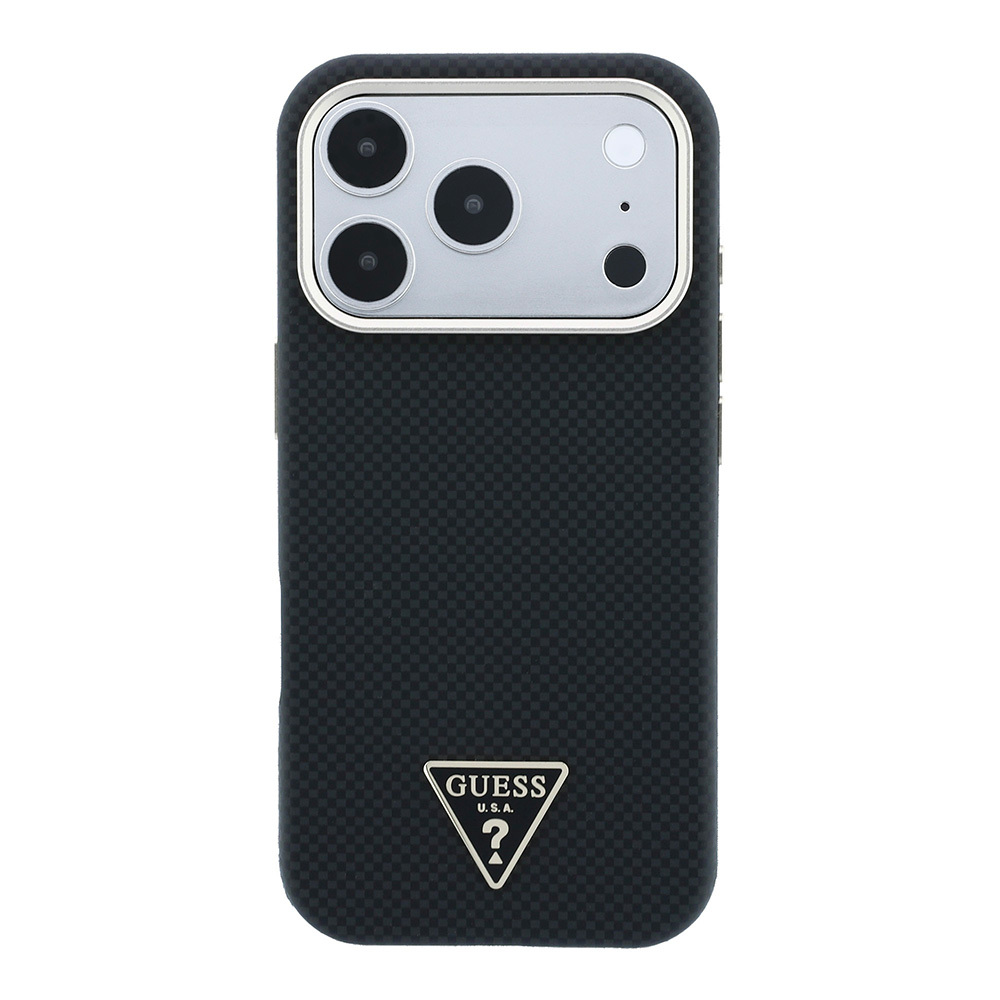Apple iPhone 18 Pro Kılıf Guess Orjinal Lisanslı M-safe Şarj Özellikli PU Metal Üçgen Logolu Karbon Fiber Kevlar Kapak - 2