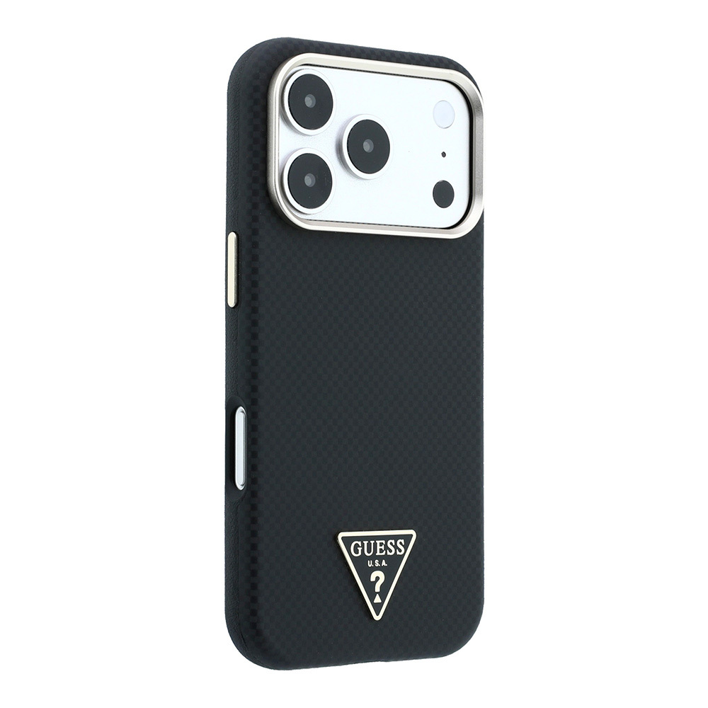 Apple iPhone 18 Pro Kılıf Guess Orjinal Lisanslı M-safe Şarj Özellikli PU Metal Üçgen Logolu Karbon Fiber Kevlar Kapak - 3