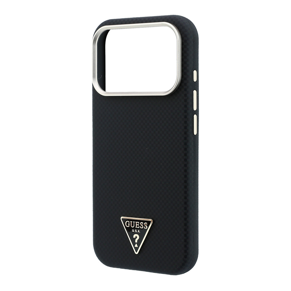 Apple iPhone 18 Pro Kılıf Guess Orjinal Lisanslı M-safe Şarj Özellikli PU Metal Üçgen Logolu Karbon Fiber Kevlar Kapak - 5
